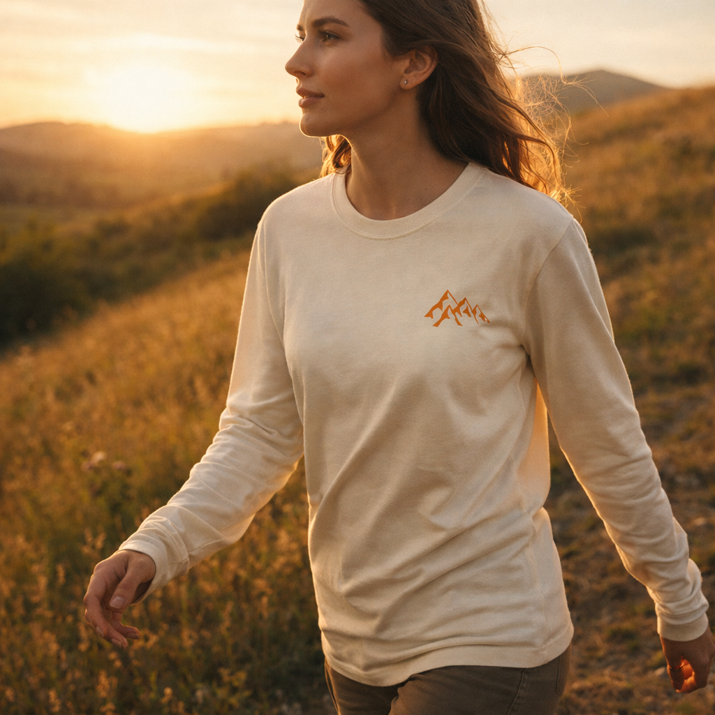 Take me to the Mountains - Unisex Longsleeve mit kleiner Bergsilhouette, getragen von junger Frau beim Spaziergang durch Grashügel bei Sonnenuntergang.