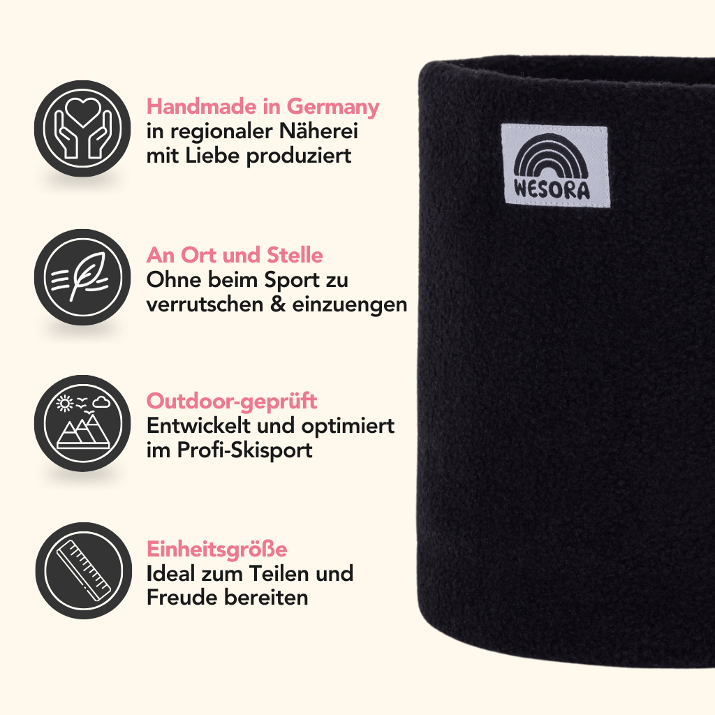 Fleece Neckwarmer - All Black, handgemacht in Deutschland, rutschfest beim Sport, outdoor-getestet, Einheitsgröße, ideal zum Teilen und Freude schenken.