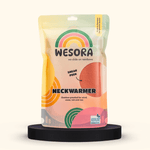 Fleece Neckwarmer - Autumn Nectar in wiederverschließbarem Beutel mit Regenbogengrafik und Sichtfenster, das das orangefarbene, wetterfeste Material zeigt.