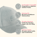 Frottee Cap - Fresh Mint mit dezenter Stickerei und verstellbarem Klettverschluss, präsentiert neben Icons mit Produktvorteilen.