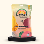 Fleece Neckwarmer - Frosty Bordeaux in einer bunten, wiederverschließbaren WESORA-Verpackung mit Regenbogengrafik und Sichtfenster, geeignet für jedes Outdoor-Abenteuer.