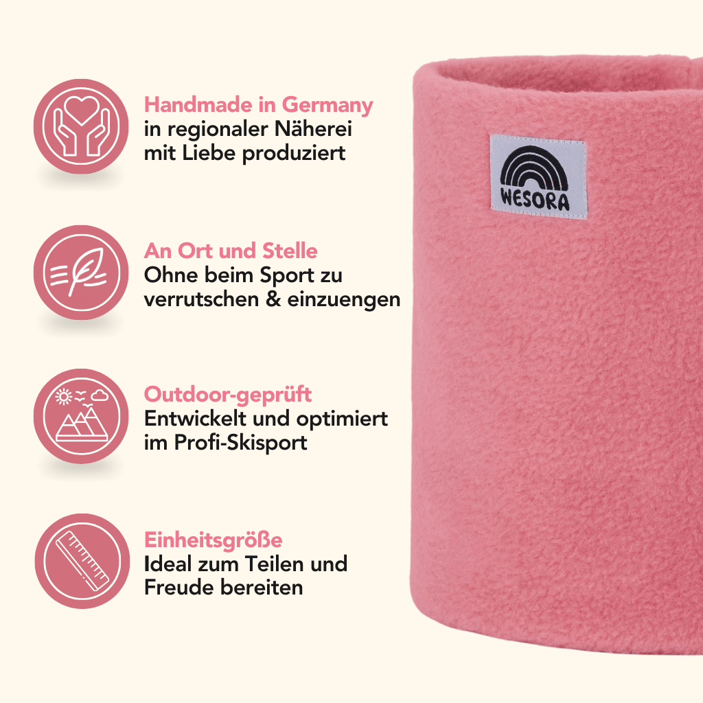 Fleece Neckwarmer - Berry Blossom, handgefertigt in Deutschland, ideal für Sport und Outdoor, mit WESORA-Label, in sattem Beerenrosa.
