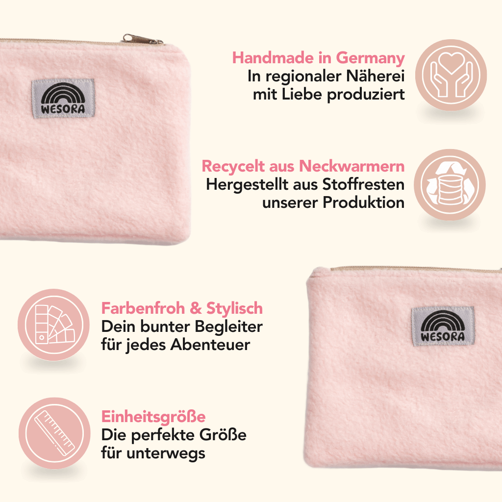 Fleece Zip Bag - Candy Rose, handgefertigt in Deutschland aus recyceltem Material, ideal für Kosmetik und Kabel, stilvoll und nachhaltig mit Zipp-Verschluss.