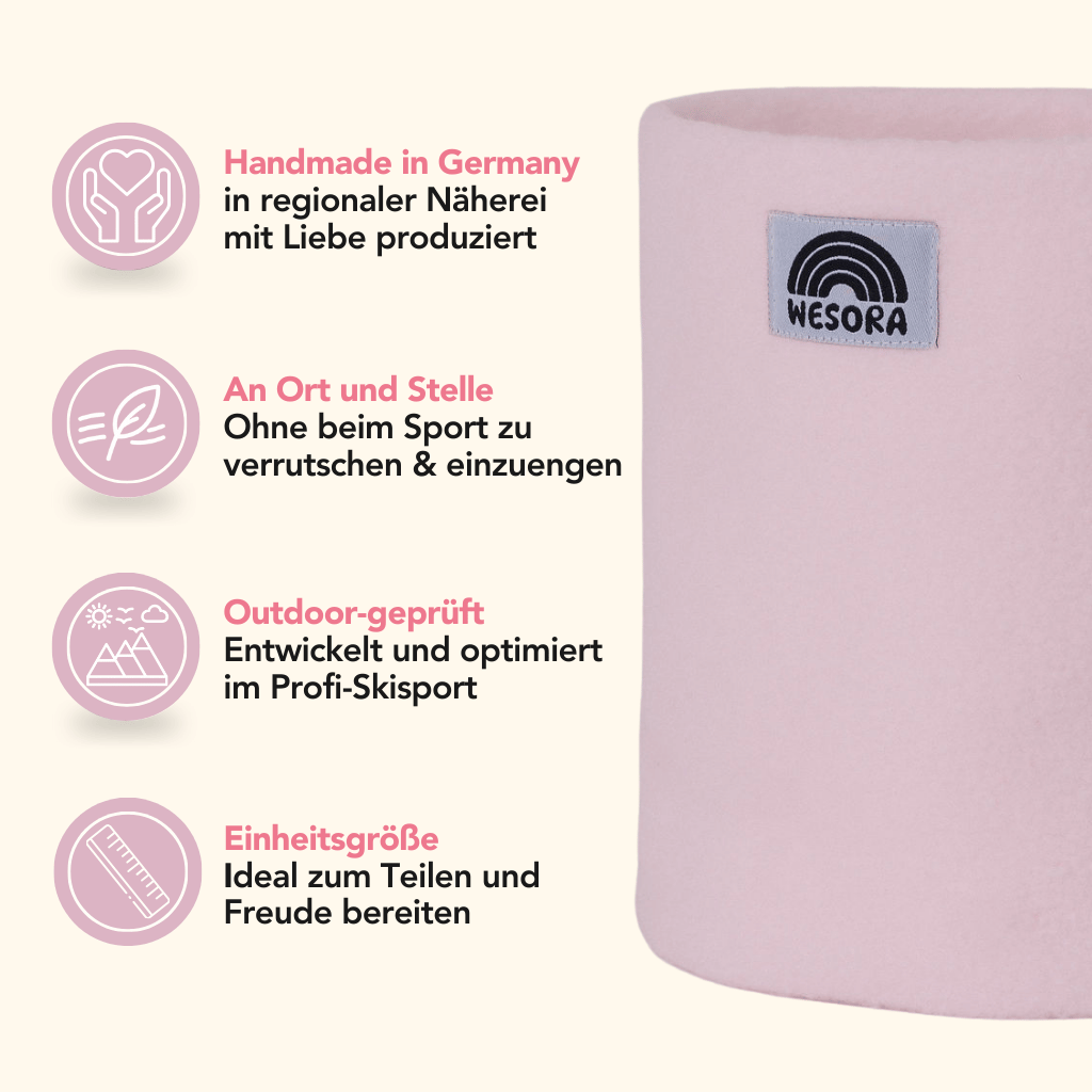 Fleece Neckwarmer - Candy Rose mit WESORA-Logo, vier Icons zeigen Eigenschaften: handgemacht, rutschfest, outdoor-getestet, Einheitsgröße.