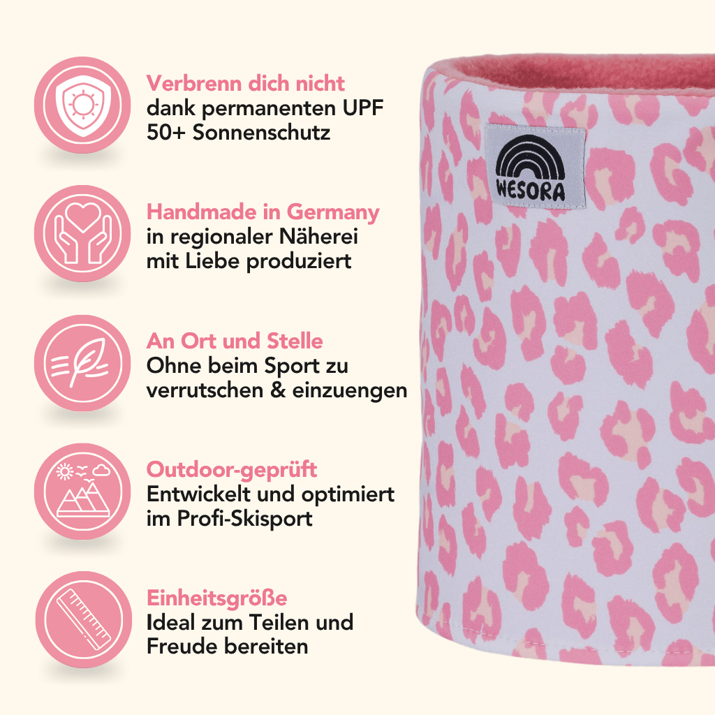Printed Neckwarmer - Pink Leo mit lebendigem Leo-Muster, zeigt pink-ivory Design, ikonische Funktionen links hervorgehoben, WESORA Logo darunter.