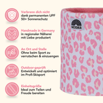Printed Neckwarmer - Pink Leo mit lebendigem Leo-Muster, zeigt pink-ivory Design, ikonische Funktionen links hervorgehoben, WESORA Logo darunter.