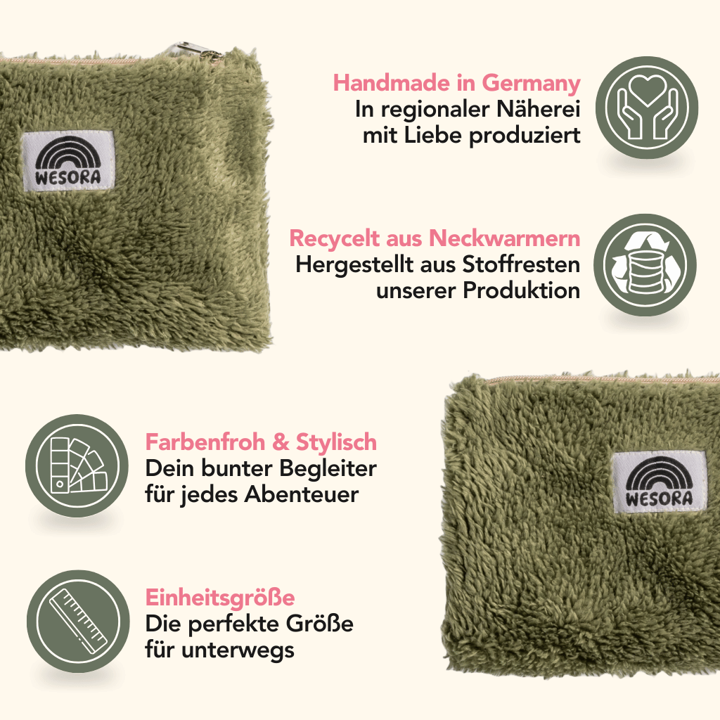 Fluffy Zip Bag - Dark Green, handgemacht aus recyceltem Fleece in Deutschland, mit Regenbogenlabel, ideal für unterwegs, dargestellt in Vorder- und Rückansicht.