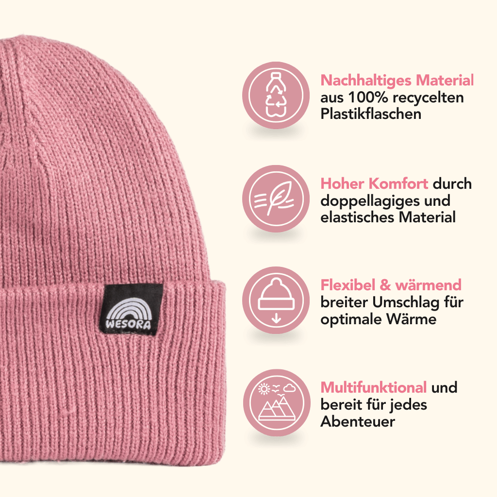 Beanie - Dusty Lilac aus recyceltem Polyester, doppellagig für Komfort, breiter Umschlag für Wärme, ideal für Outdoor-Abenteuer, mit WESORA-Label.