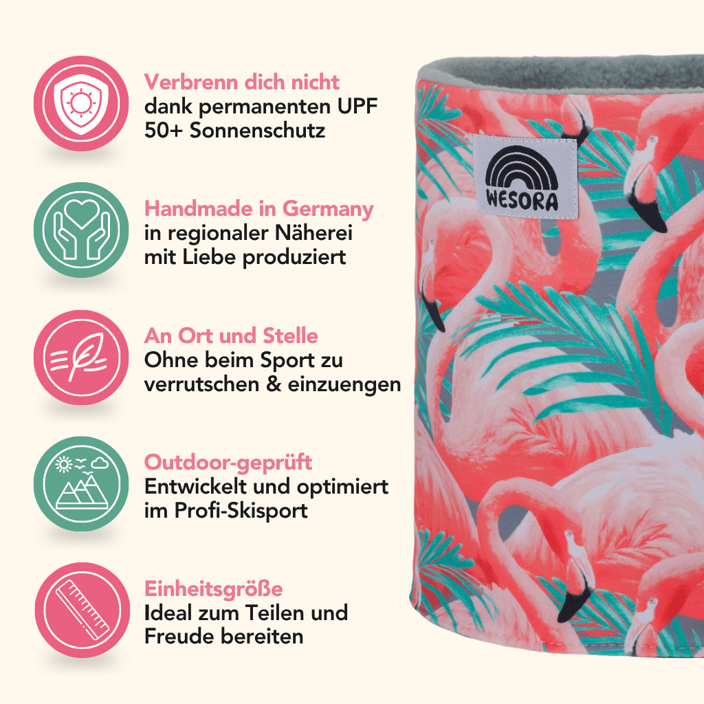 Printed Neckwarmer - Flamingo Paradise mit tropischem Flair und UPF 50+ Schutz, handgefertigt in Deutschland, ideal für Outdoor-Aktivitäten.