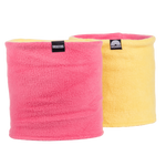 Fleece Neckwarmer - Skisister Edition 2, pink und gelb, weiche Röhrenform mit Markenetiketten, ideal für warme Outdoor-Abenteuer, fotografiert in Studioansicht.