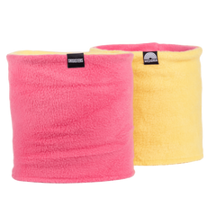 Fleece Neckwarmer - Skisister Edition 2, pink und gelb, weiche Röhrenform mit Markenetiketten, ideal für warme Outdoor-Abenteuer, fotografiert in Studioansicht.