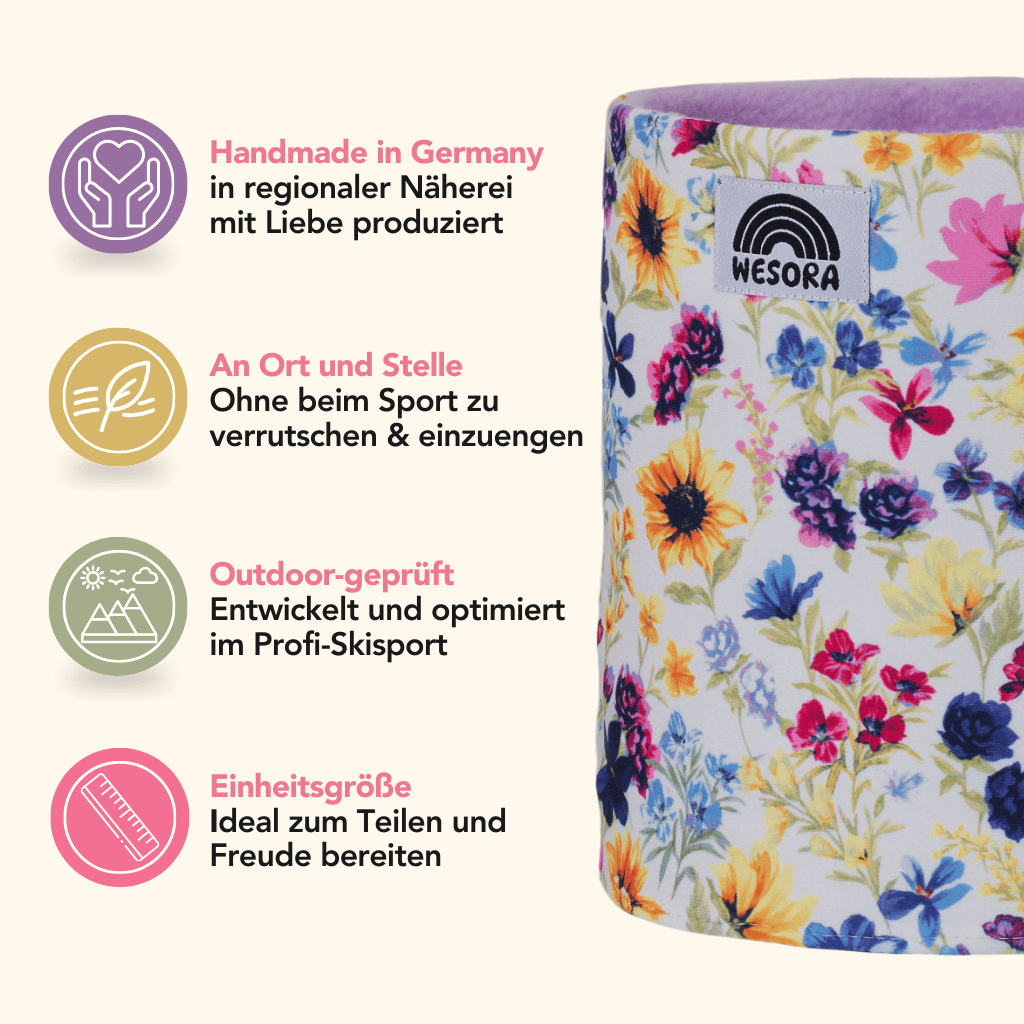Printed Neckwarmer - Flower Garden mit floralem Muster, handgemacht in Deutschland, bleibt bei Sportaktivitäten sicher an Ort und Stelle. Ideal für Outdoor-Abenteuer.