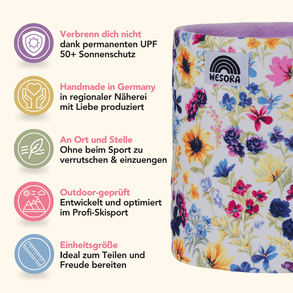 Printed Neckwarmer - Flower Garden mit floralem Muster, präsentiert neben Feature-Icons und deutscher Beschreibung, in einer Studioaufnahme von der Seite fotografiert.