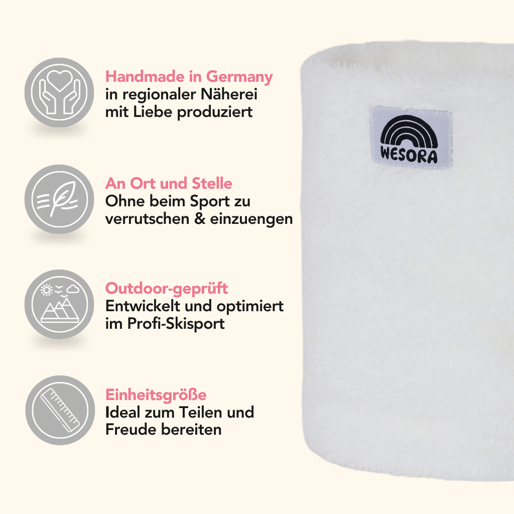 Sherpa Neckwarmer - Fluffy Cloud aus ultraweichem Sherpa-Fleece mit WESORA-Label, handgemacht in Deutschland, ideal für Sport und Outdoor-Aktivitäten.