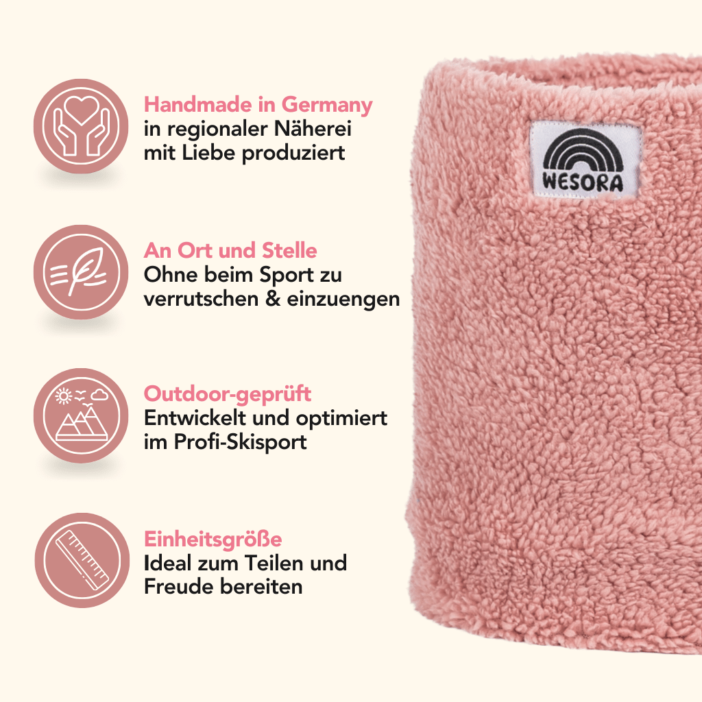 Sherpa Neckwarmer - Fluffy Rose, handgemacht in Deutschland, flauschiger Fleece, rutschsicher beim Sport, ideal für kalte Tage, präsentiert in Nahaufnahme.
