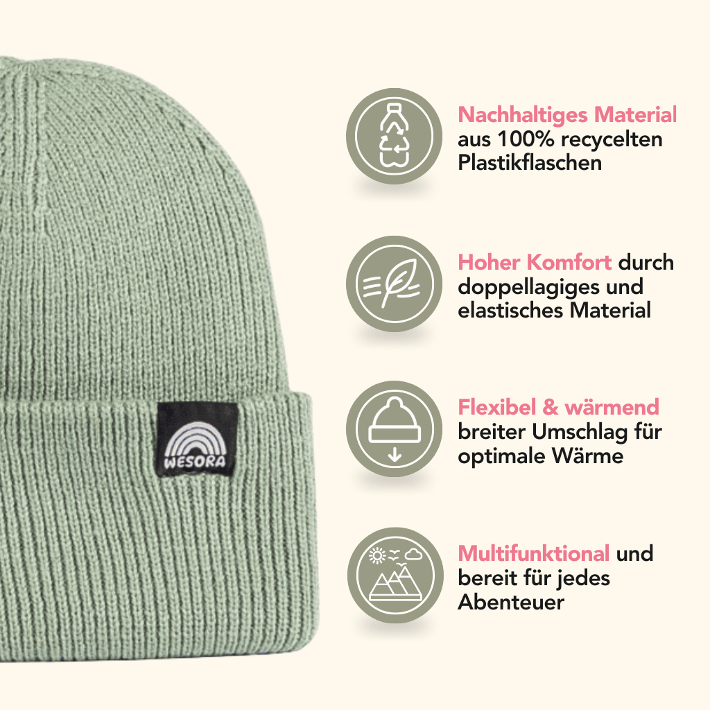 Beanie - Fresh Mint, gestrickt aus recyceltem Polyester, doppellagig mit breitem Umschlag, präsentiert mit Icons für Komfort, Flexibilität, Nachhaltigkeit und Vielseitigkeit.