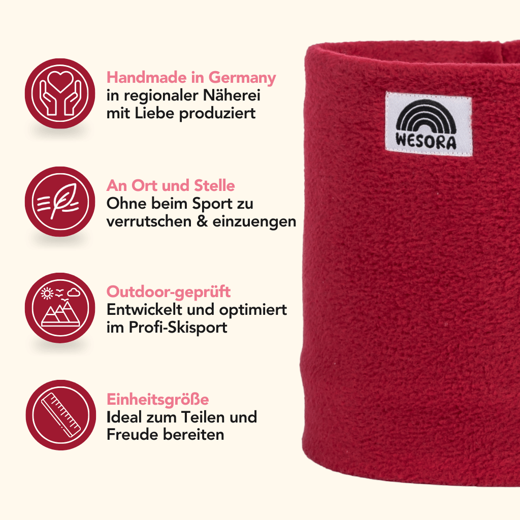 Fleece-Neckwarmer - Frosty Bordeaux mit Icons: handgemacht in Deutschland, sportfest, outdoor-geprüft, Einheitsgröße; Design inspiriert von winterlichen Weingärten.