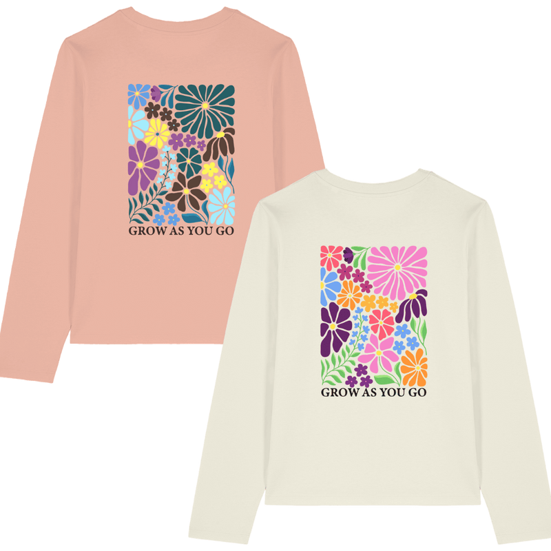 Grow as you go Flower - Longsleeve mit großem Blumen-Print hinten und kleiner Blume vorne, ideal für farbenfrohe Outdoor-Abenteuer, Rückseite dargestellt mit transparenten Hintergrund.