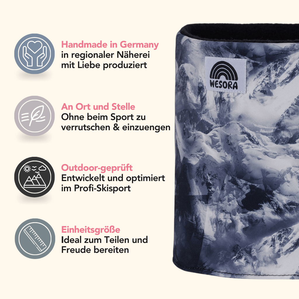 Printed Neckwarmer - Mountain Lover mit Bergmuster, dargestellt mit Funktionseigenschaften, zeigt die majestätische Schönheit schneebedeckter Berge.