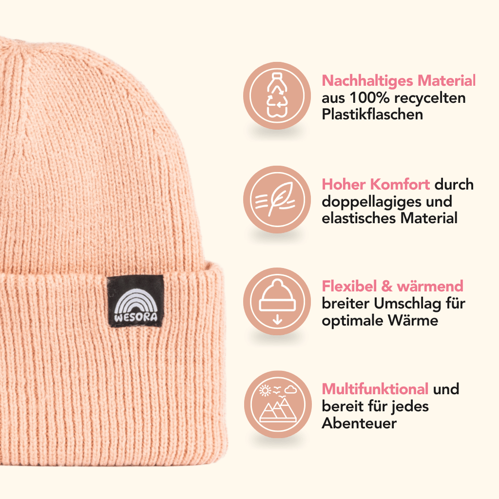 Beanie - Peach Fuzz mit „WESORA“-Label, doppellagiges Strickdesign, nachhaltig aus recyceltem Polyester, zeigt vier Features zu Komfort und Funktionalität.
