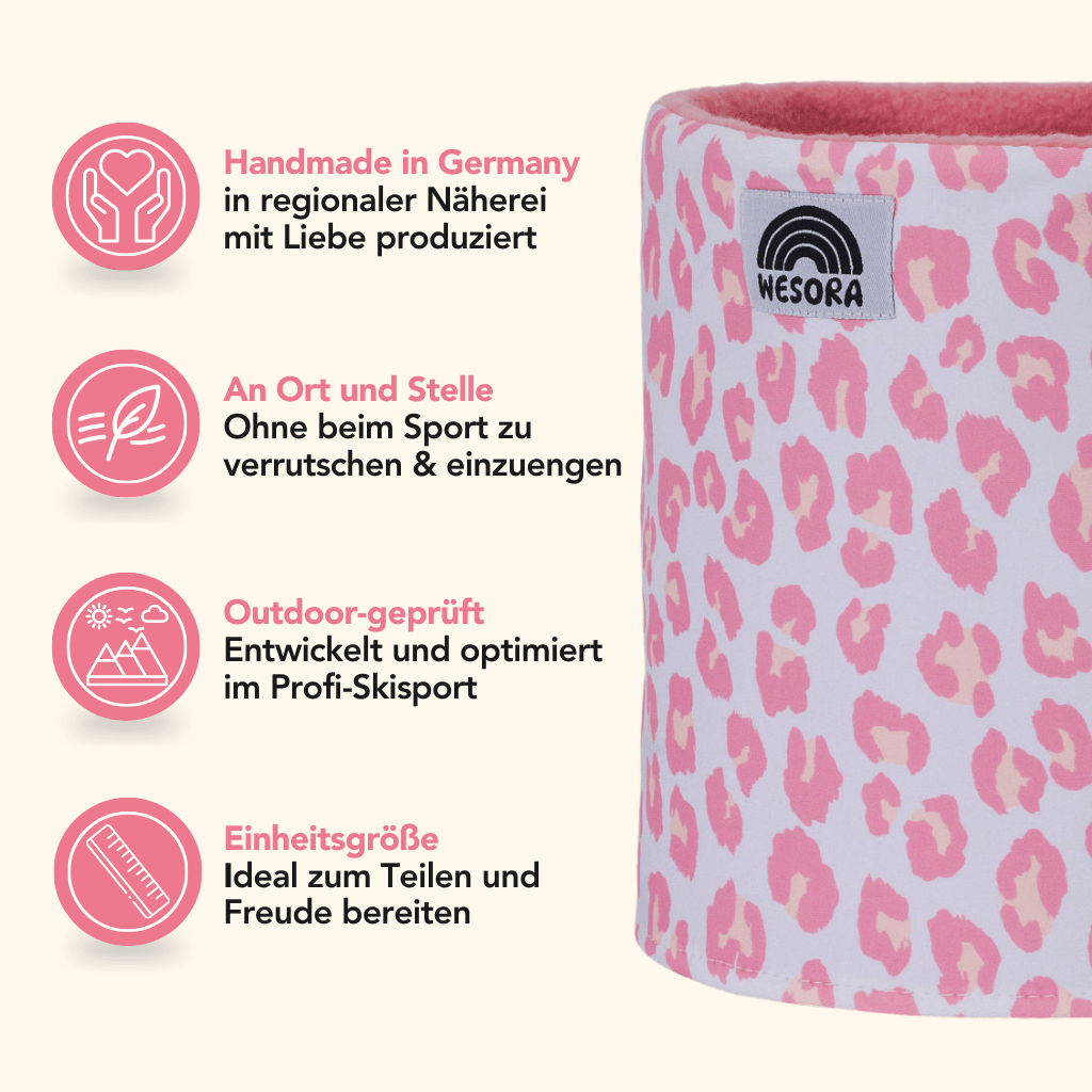 Printed Neckwarmer - Pink Leo mit pink-weißem Leopardenmuster, handgemacht in Deutschland, für Sport geeignet, outdoor-getestet, One-Size.