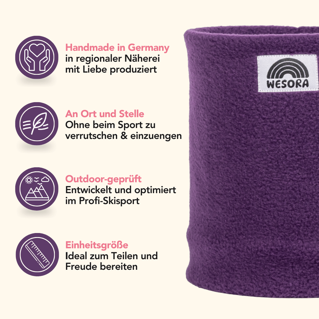 Fleece Neckwarmer - Purple Noir mit vier Merkmal-Icons, handgemacht in Deutschland, rutscht nicht, outdoor-geprüft, Einheitsgröße, abgebildet aus der Seitenansicht.