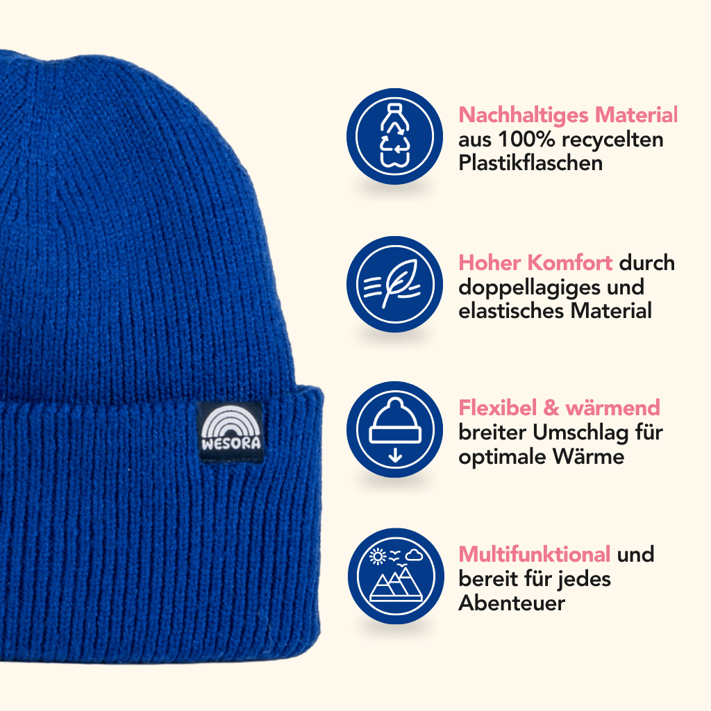 Beanie - Bright Royal aus 100 % recyceltem Polyester mit WESORA-Logo, doppellagig für Komfort, breiter Umschlag für Wärme, präsentiert mit Produktfeatures.