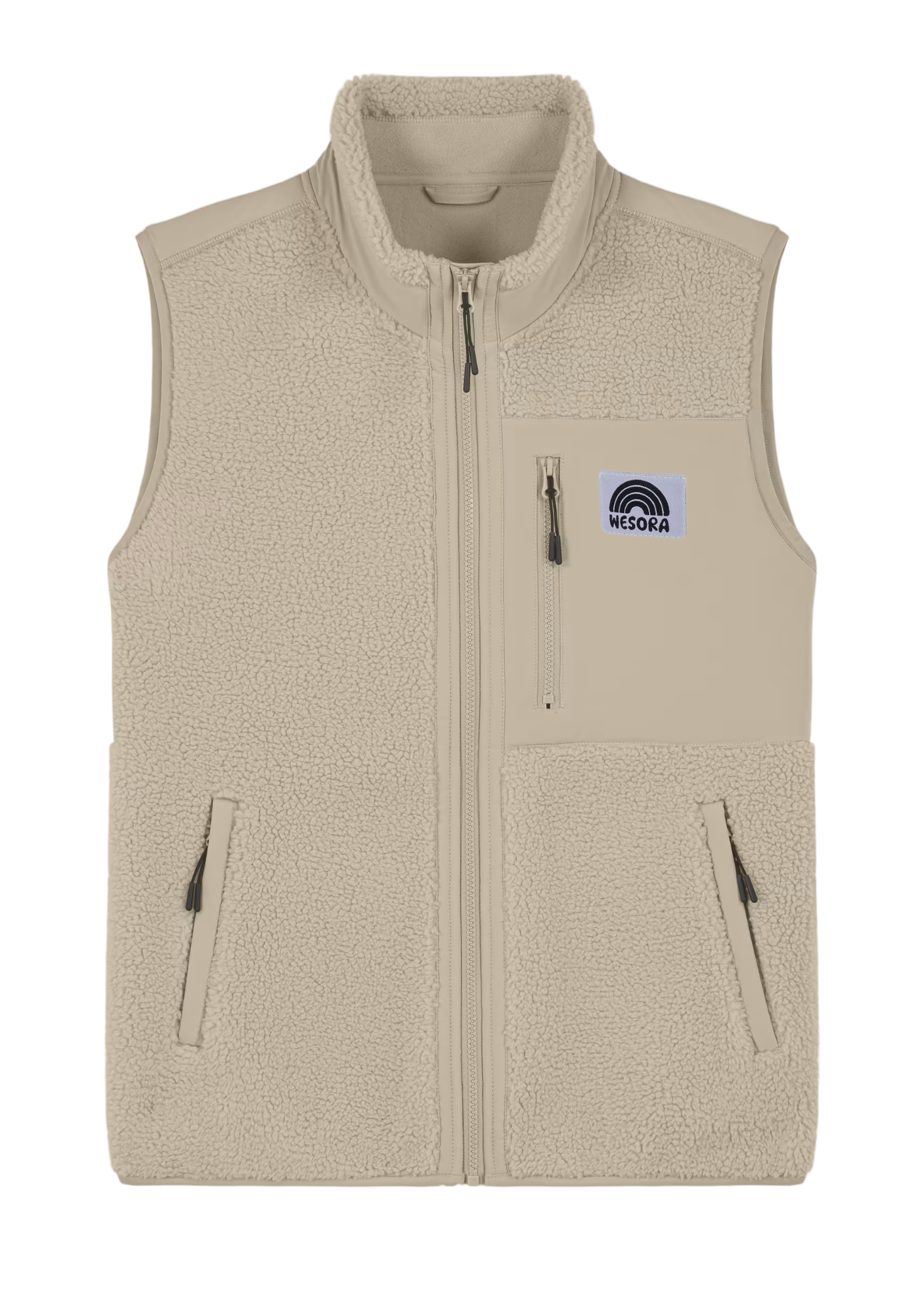 Sherpa Weste - Unisex mit hohem Kragen und mehreren Taschen, ideal für Abenteuer, zeigt das stilvolle WESORA-Label auf der Brusttasche.