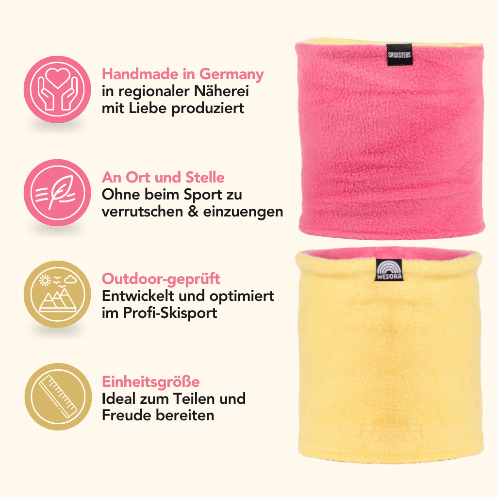 Fleece Neckwarmer - Skisister Edition 2, pink-gelb, handgemacht in Deutschland, sportfreundlich, outdoor-erprobt, wendbar für zwei Designs, Einheitsgröße, ideal für Abenteuer.