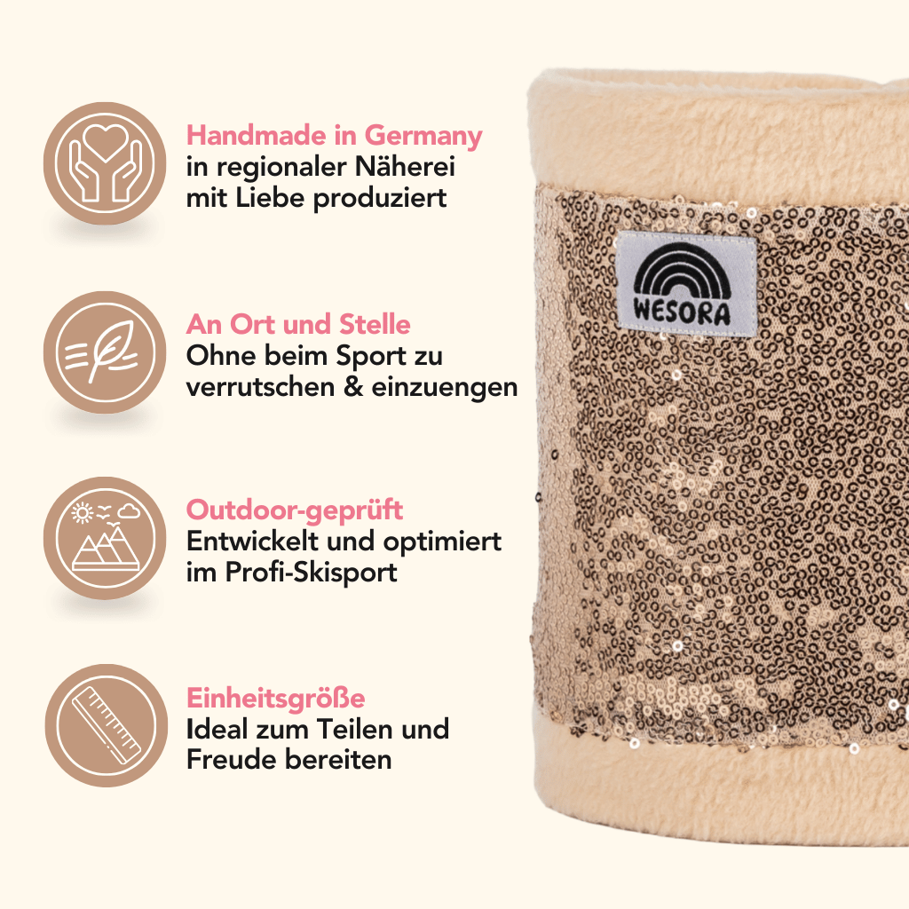 Pailetten Neckwarmer - Sparkle Gold mit glitzernden Pailletten, weichem Fleece-Innenfutter, handgemacht in Deutschland, ideal für sportliche Aktivitäten und Winterabenteuer.