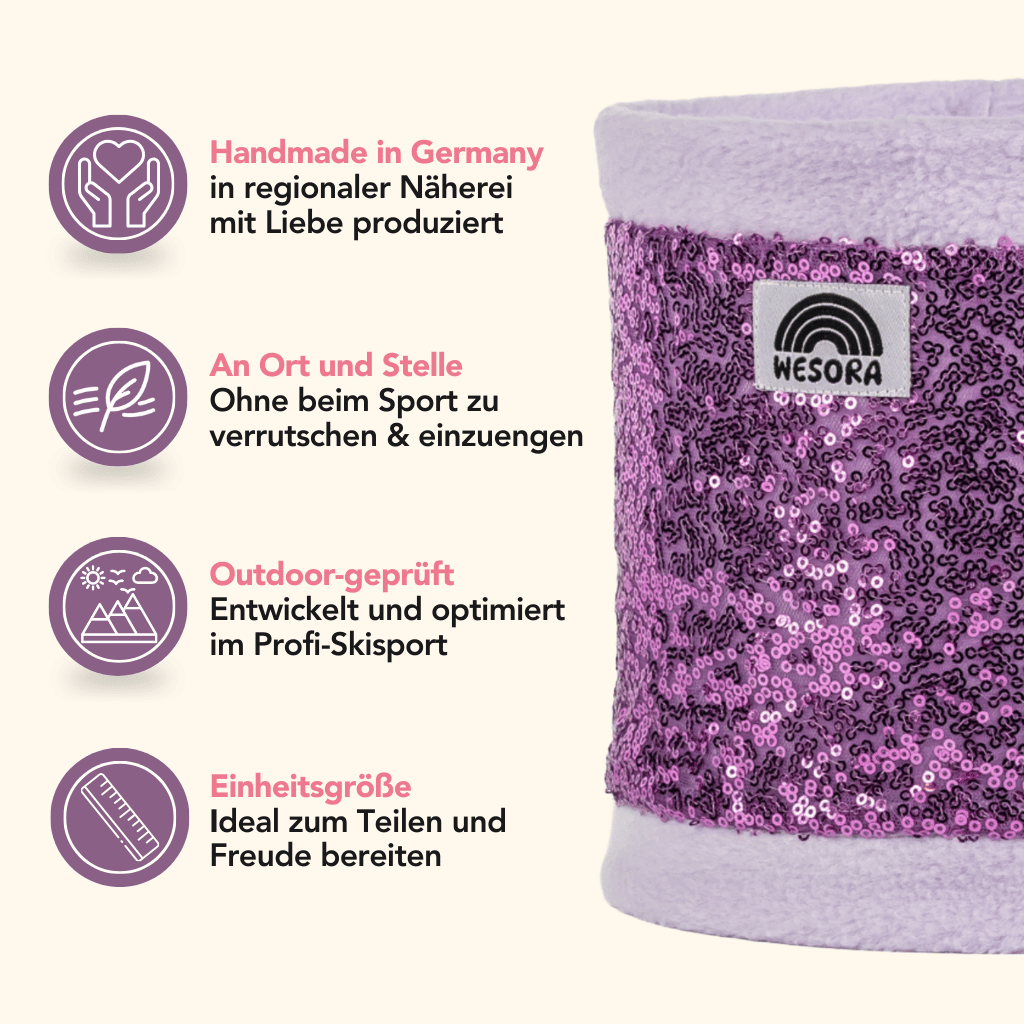 Pailetten Neckwarmer - Sparkle Lilac: Handgefertigt in Deutschland, fliederfarbene Pailletten mit Fleece-Futter, ideal für Outdoor-Abenteuer.