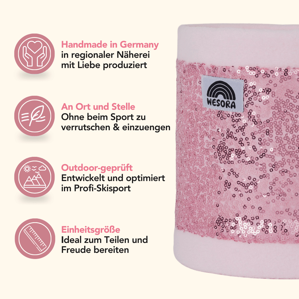Pailletten Neckwarmer - Sparkle Rose mit funkelnden Pailletten, Detailansicht mit Label, präsentiert mit ikonischen Highlight-Beschreibungen, rechts oben im Bild.
