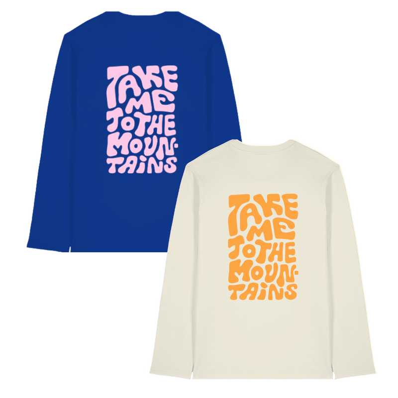 Take me to the Mountains - Unisex Longsleeve mit farbenfrohem Rückenprint und kleiner Bergsilhouette auf der Brust,dargestellt in den verfügbaren Farben blau und weiß, ideal für Abenteurer und Naturliebhaber.
