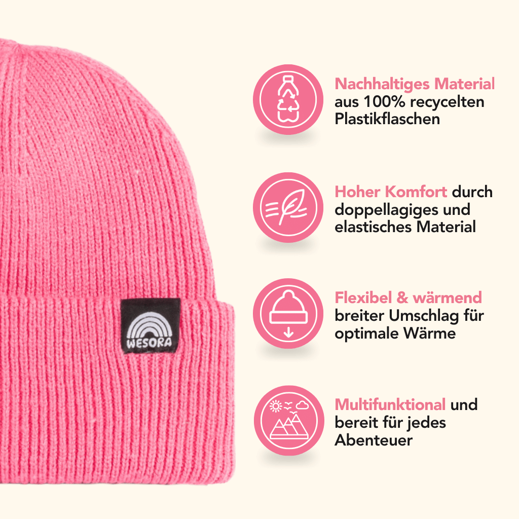 Beanie - True Pink aus nachhaltigem Material, doppellagig und elastisch mit breitem Umschlag, ideal für stilvolle, umweltbewusste Abenteuer.