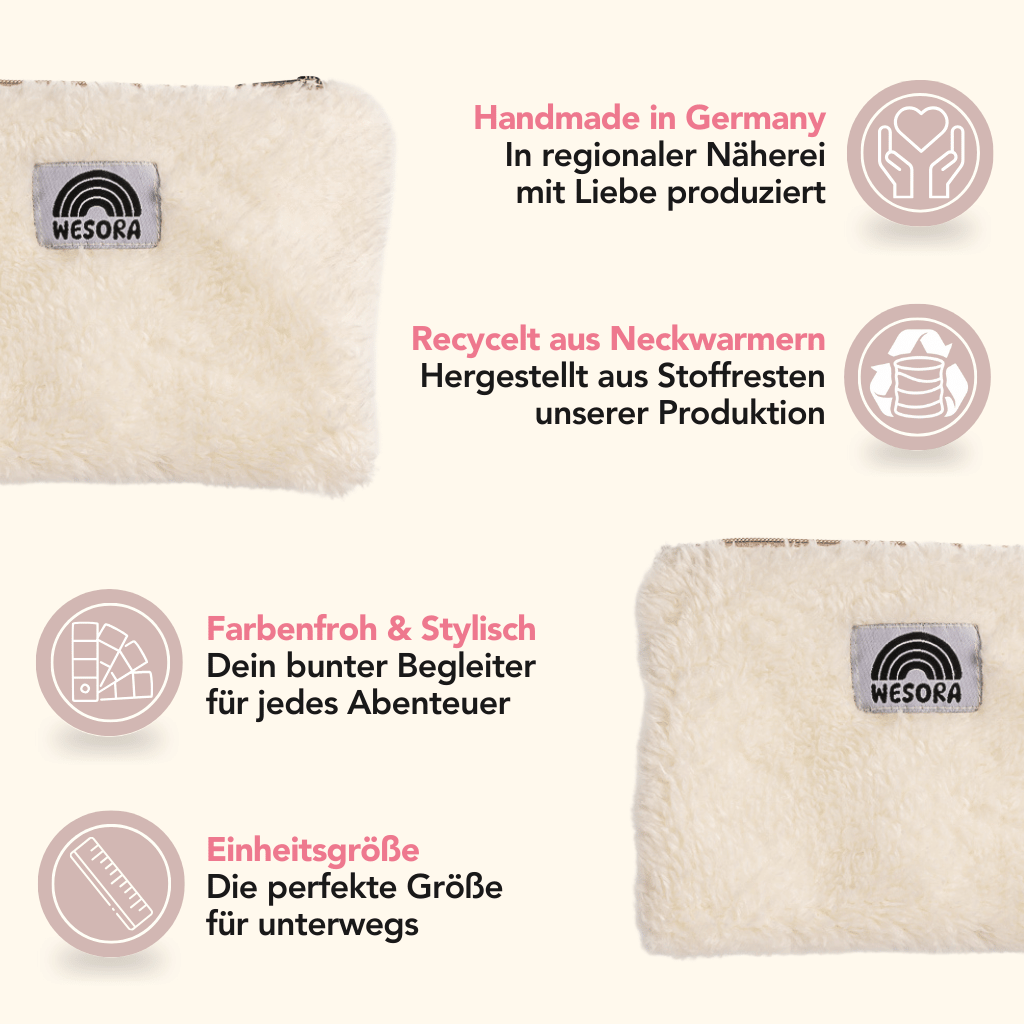 Fluffy Zip Bag - White, cremefarbene flauschige Tasche mit Regenbogenlogo, handgefertigt in Deutschland aus recycelten Stoffresten, mit Reißverschluss, eine stilvolle, nachhaltige Begleiterin.