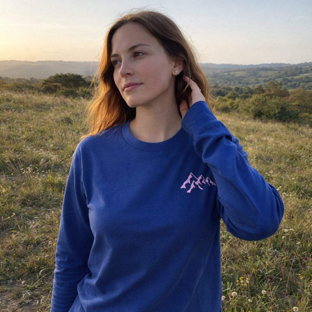 Take me to the Mountains - Unisex Longsleeve mit kleinem Berglogo, getragen von einer Frau in einer abendlichen Wiesenlandschaft, seitlich blickend.